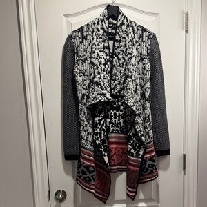 440-Desigual by Christian Lacroix Long Cardigan Black White Red Artistic Knit